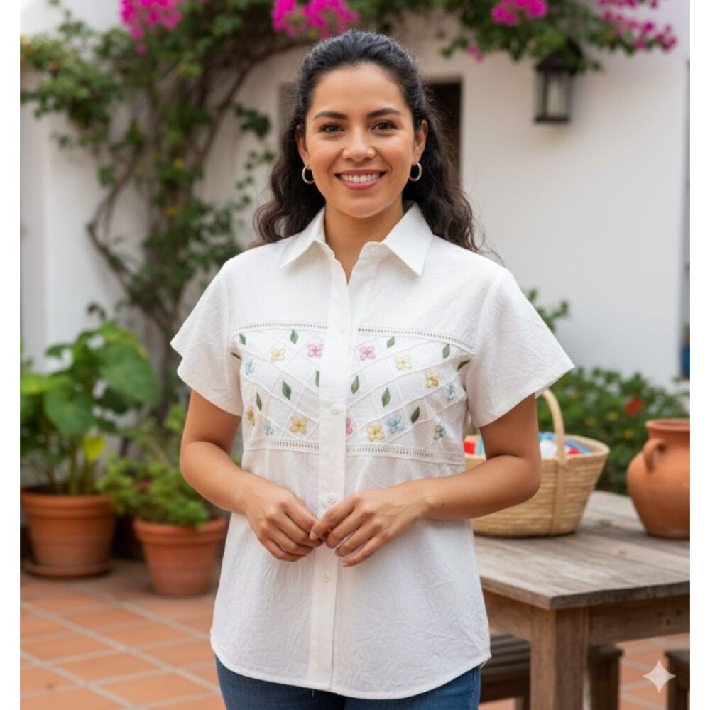 Landy Mexican Shirt Vintage Embroidered Floral Button Front Blouse 100% Cotton S - Picture 1 of 7